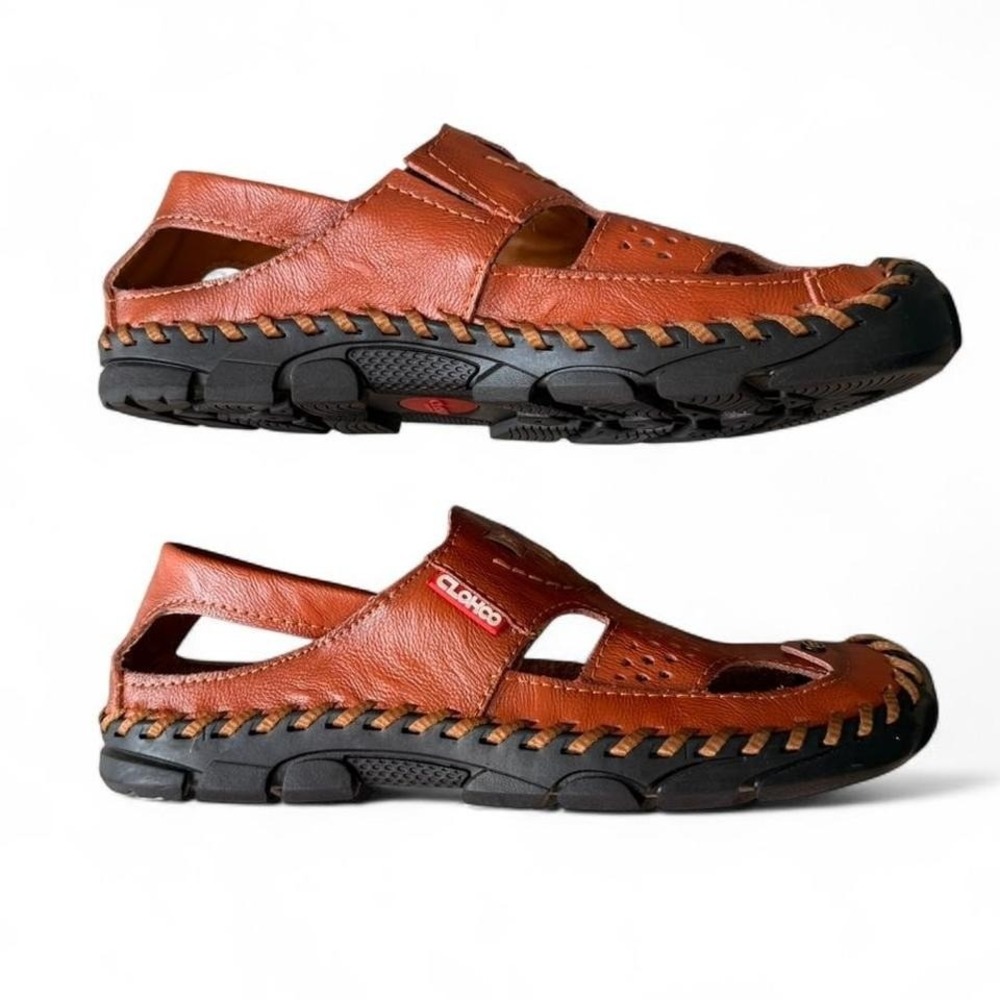 CLOHOO Mens Leather Fisherman Sandals Brown‎ Perforated Slip On Size 42 - Picture 3 of 7